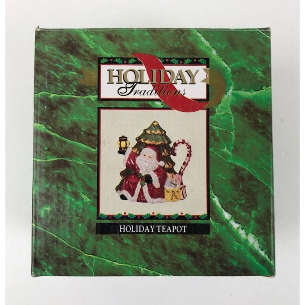 Holiday Traditions Santa Teapot Lidded Christmas Tree Green Red White Boxed